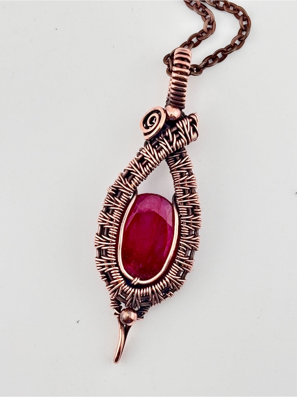 HANDMADE Faceted Ruby Copper Wire Wrapped Pendant Necklace, Artisan Jewelry Gift